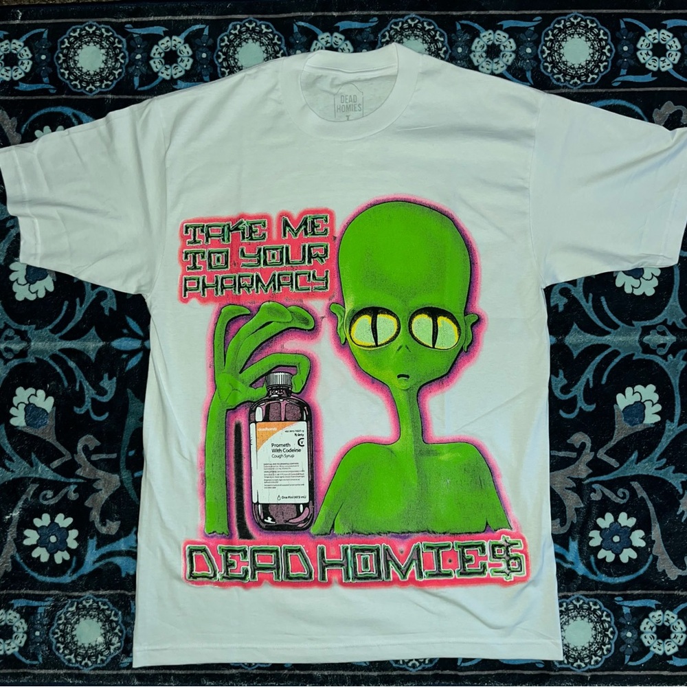 White Short Sleeve Tee with Neon Green Alien Graphic